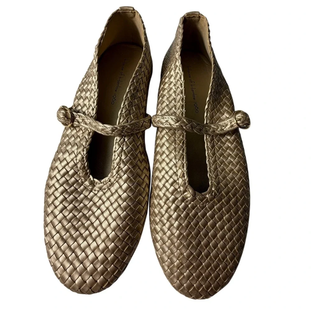 House of Harlow 1960 Gold Woven Mary Jane Ballet Flats Boho Chic Size 8